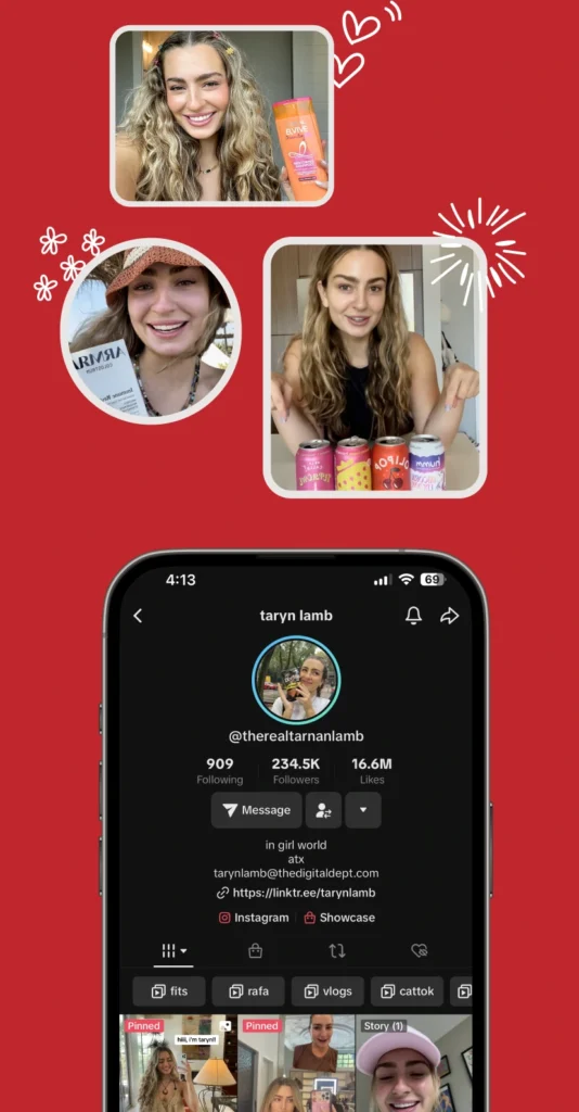 Home 5 Screenshot of Taryn Lamb's TikTok profile with three images of her brand partnerships.